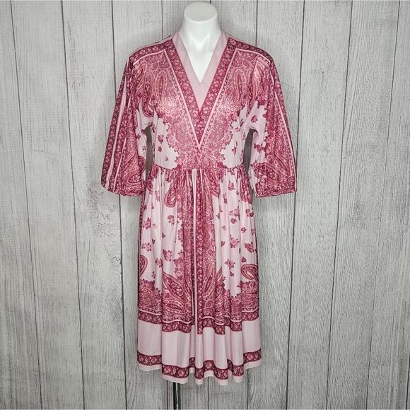 VTG 80s Herman Marcus Sheer Pink Paisley Boho Midi Dress, size 6 - Picture 1 of 5